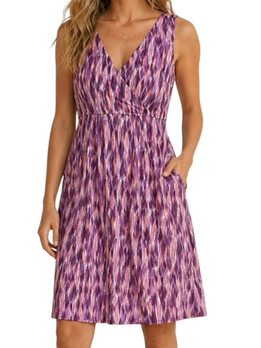 Eddie Bauer Purple Printed Aster Crossover Sleeveless Dress with Pockets, M Tall